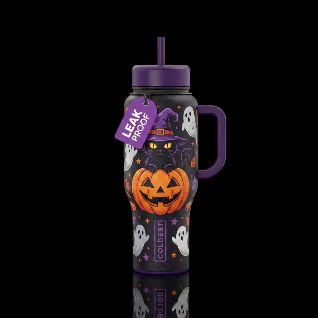 Large jack-o’-lantern with a black cat with glowin... water bottle design