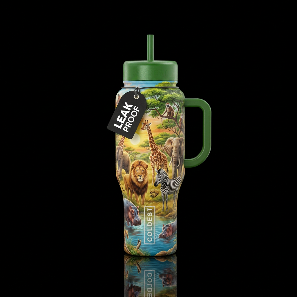 Lions, giraffes, elephants, Zebras, Hippos in the ... water bottle design