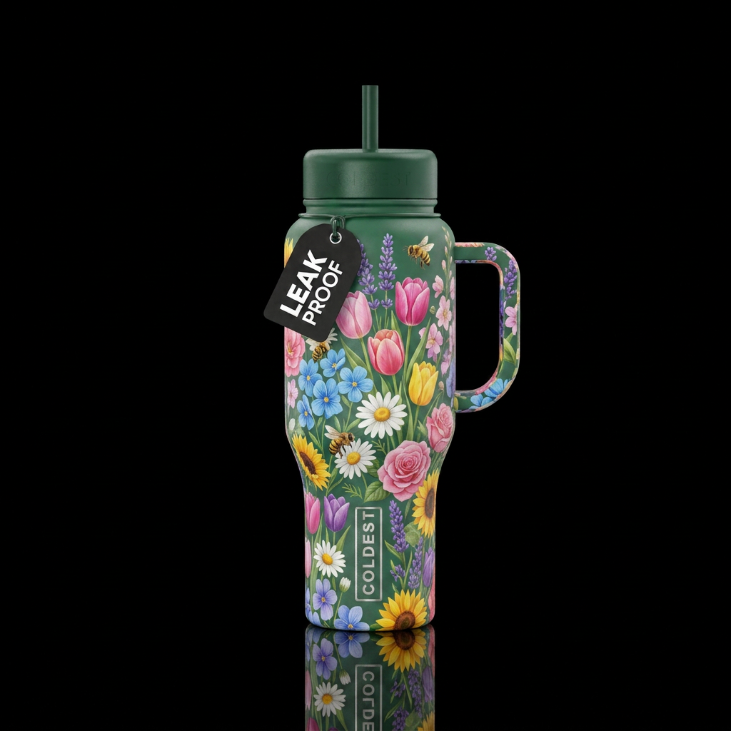 Lots of colorful spring flowers all around the bot... water bottle design