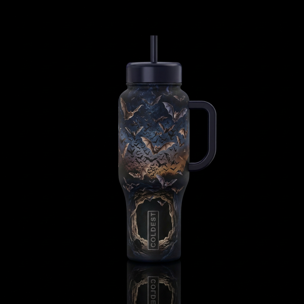 All sizes of bats flying out of a cave and making ... water bottle design