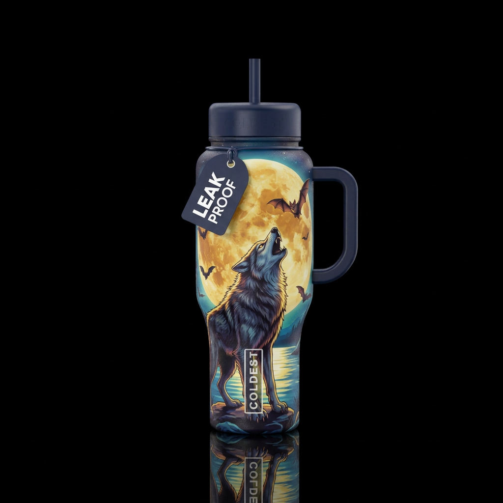 A werewolf in front of a huge beautiful full moon ... water bottle design