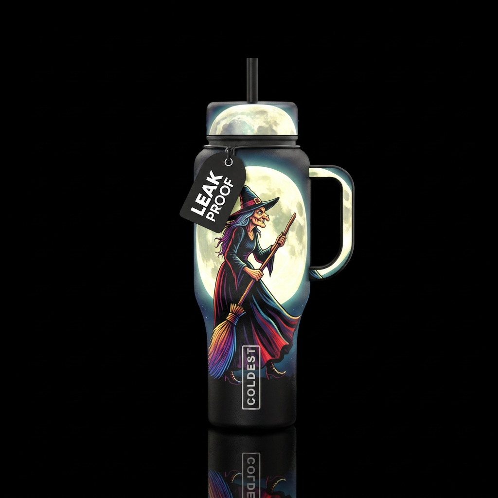 A witch with a wart on her nose in a beautiful lon... water bottle design