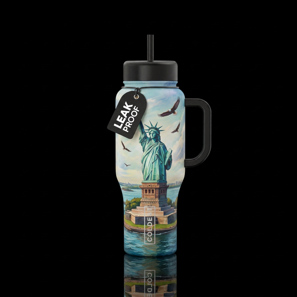 Statue of Liberty sitting on an island with water ... water bottle design