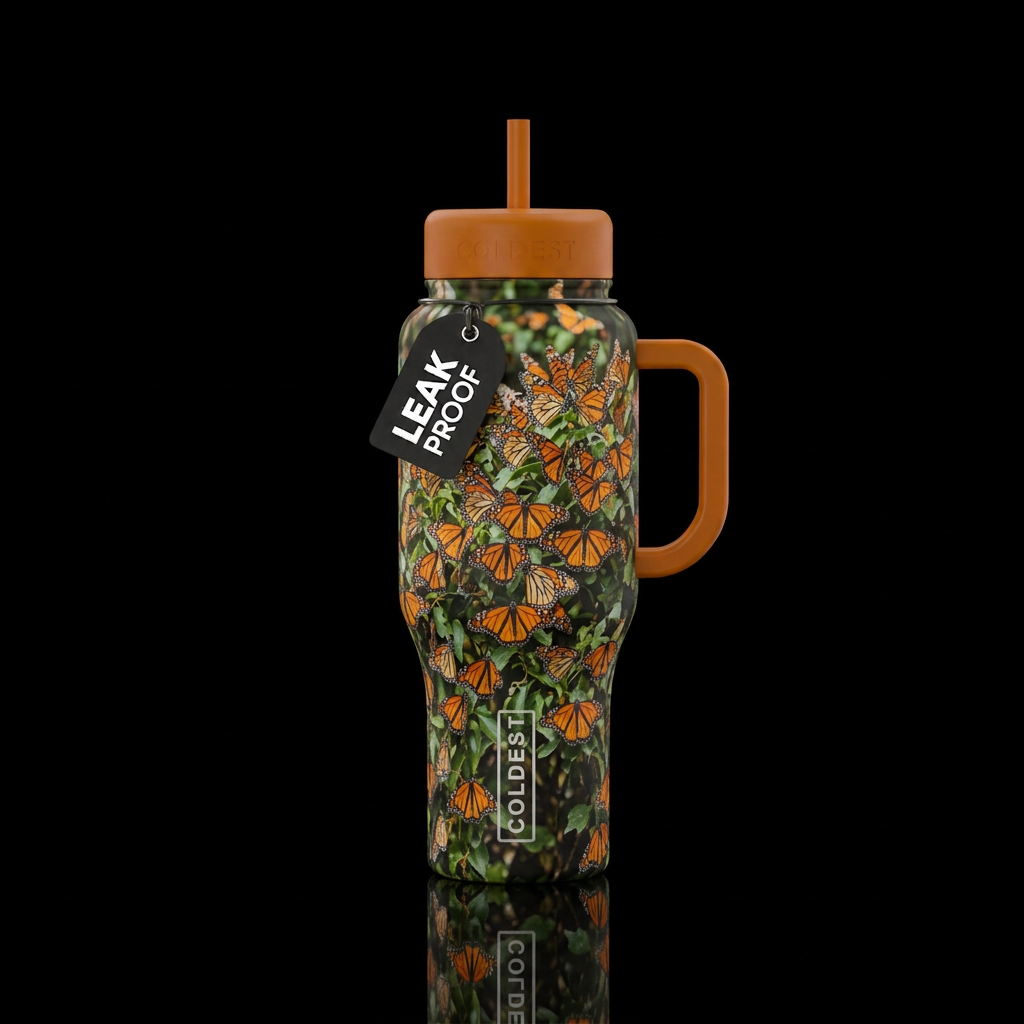 Swarm of Monarch butterflies covering bushes when ... water bottle design