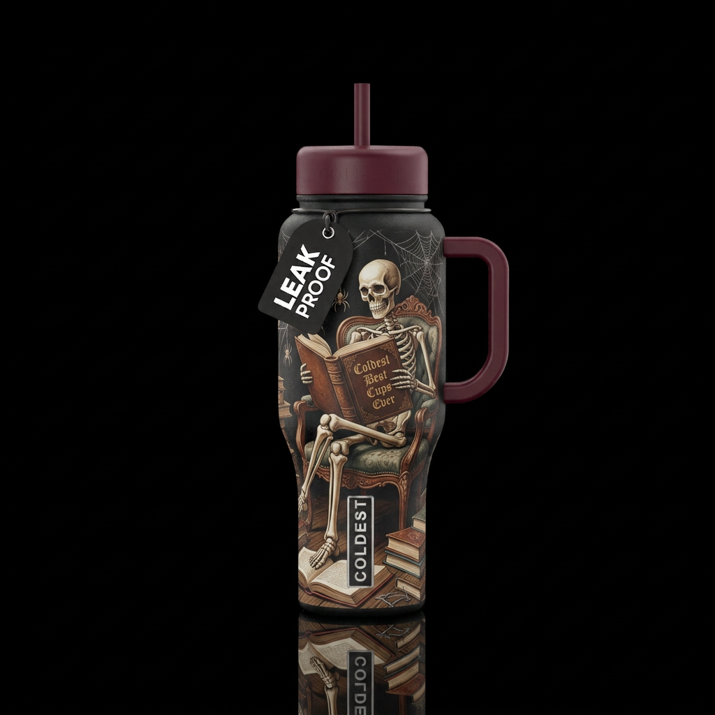 Skeleton sitting in a chair with his legs crossed ... water bottle design