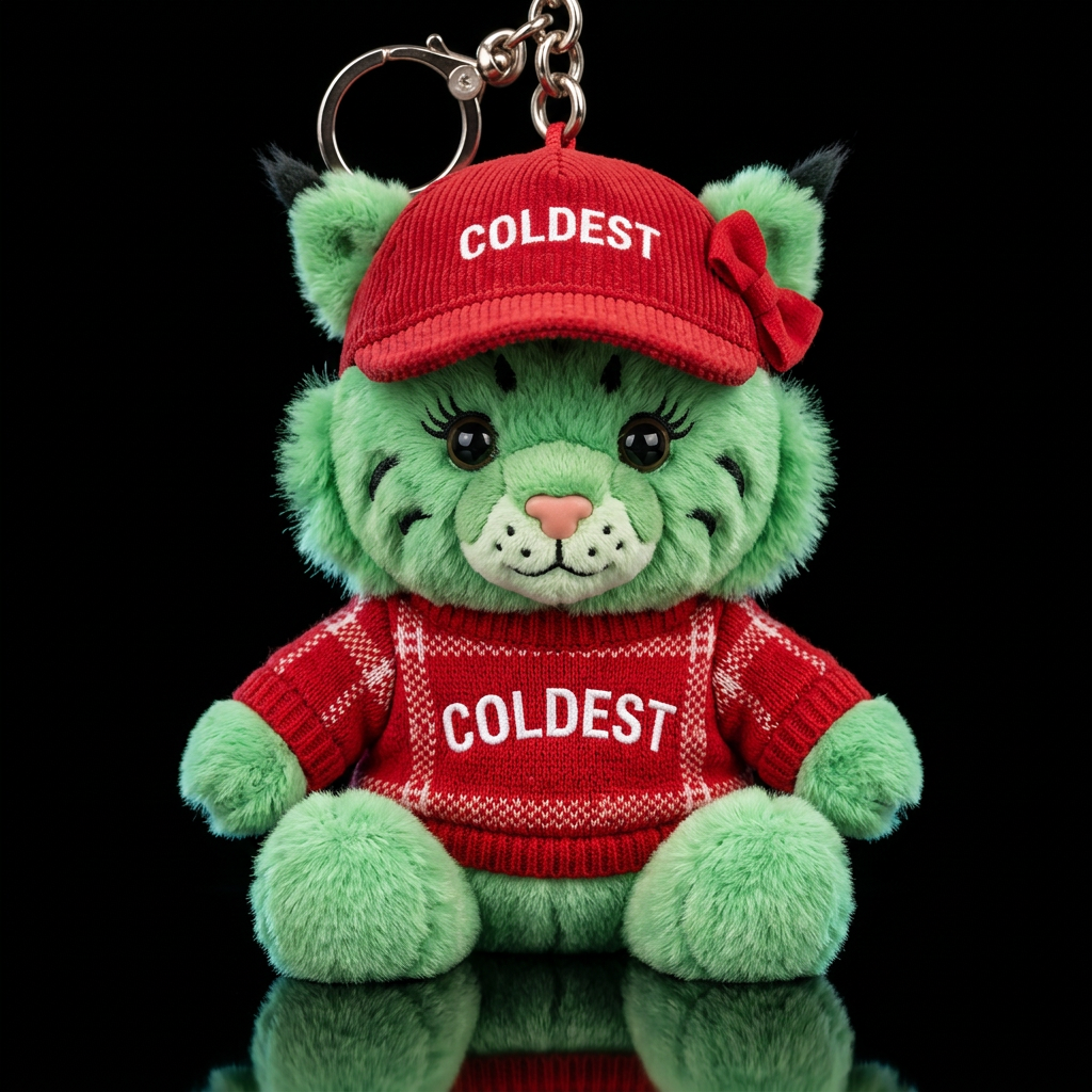 A green girly bobcat with red clothes water bottle design