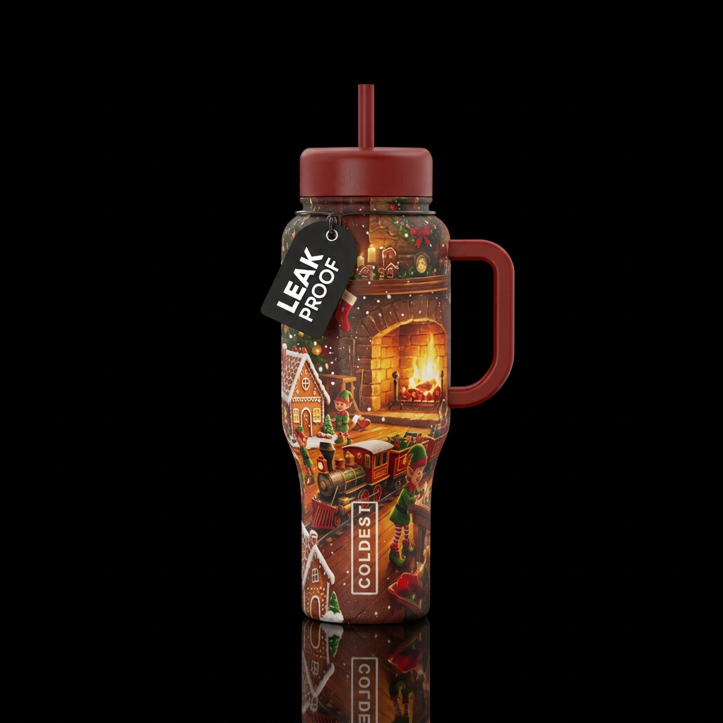Santa's work shop water bottle design