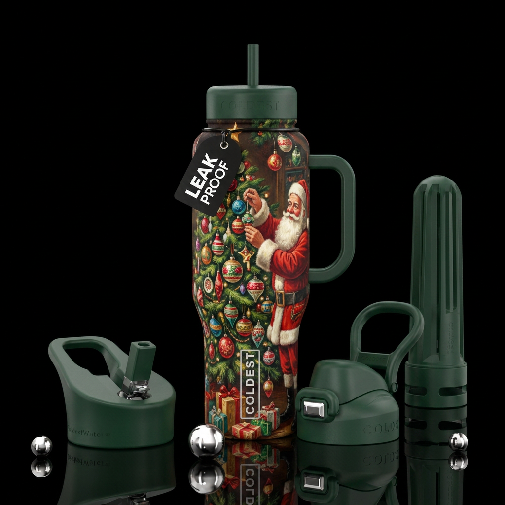 Old fashioned Santa decorating Christmas tree fill... water bottle design