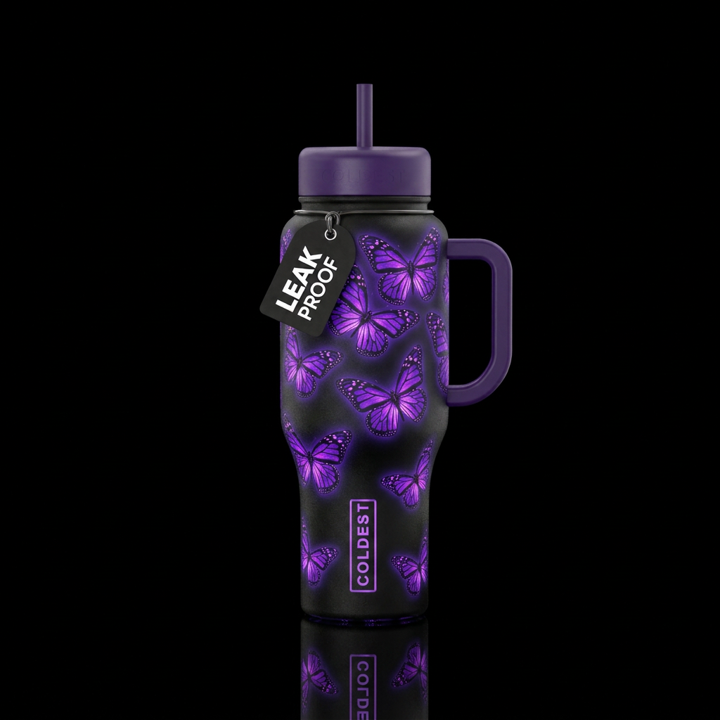 Purple Monarch Butterfly water bottle design