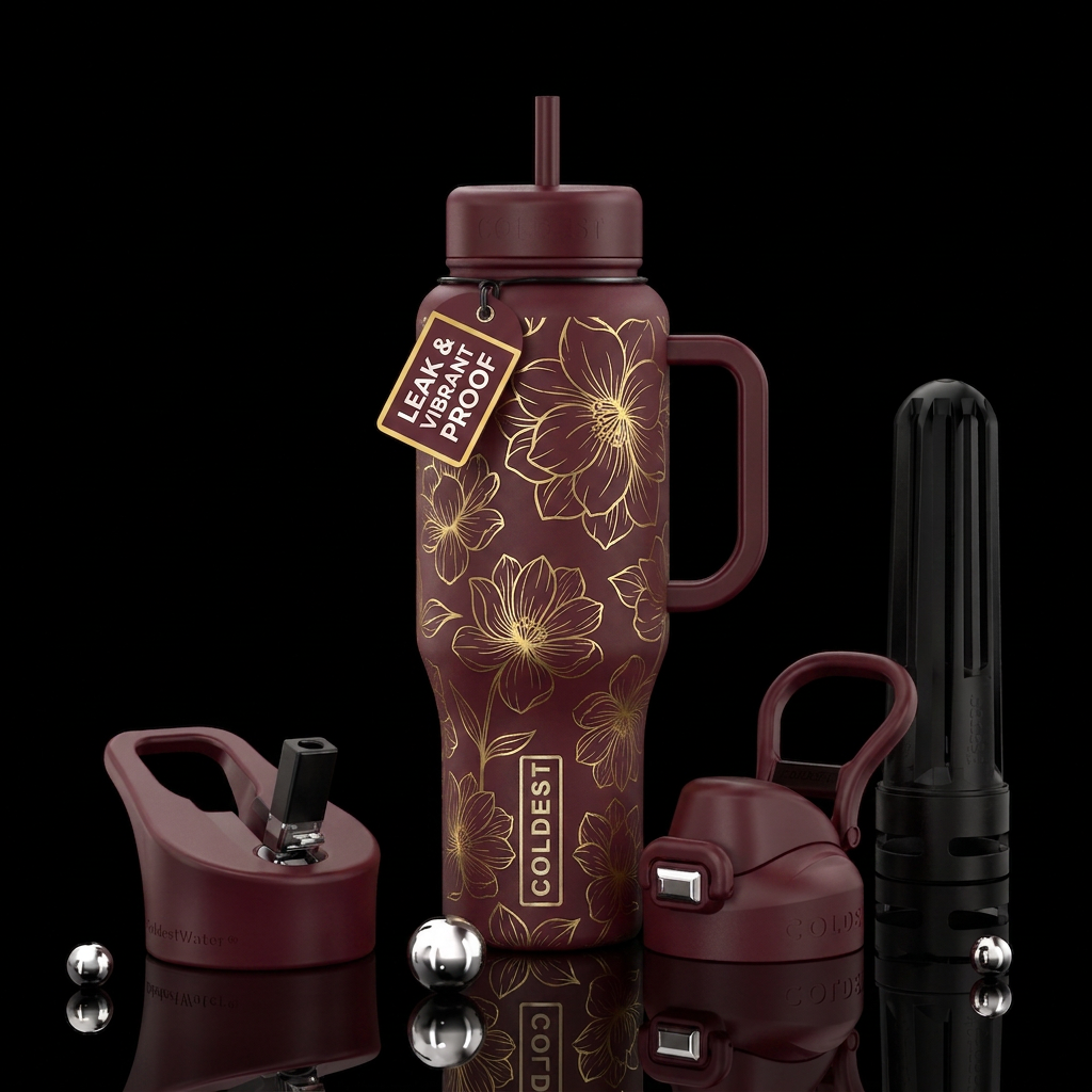 Maroon with gold flower outlines water bottle design