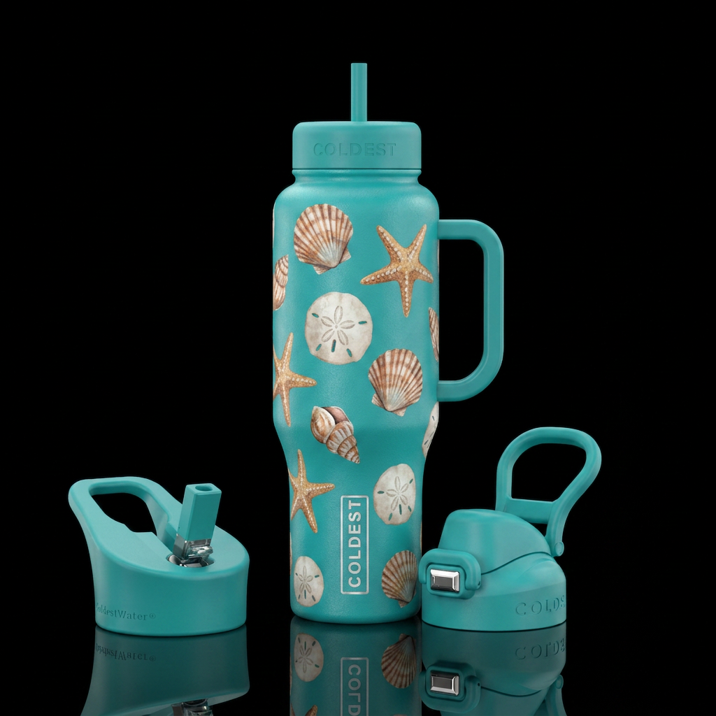 Teal background with shells, sand dollars, and sta... water bottle design