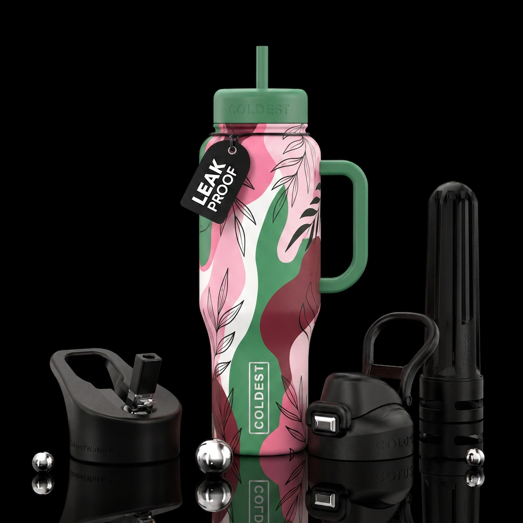 Pink, white, green, and maroon abstract shapes wit... water bottle design