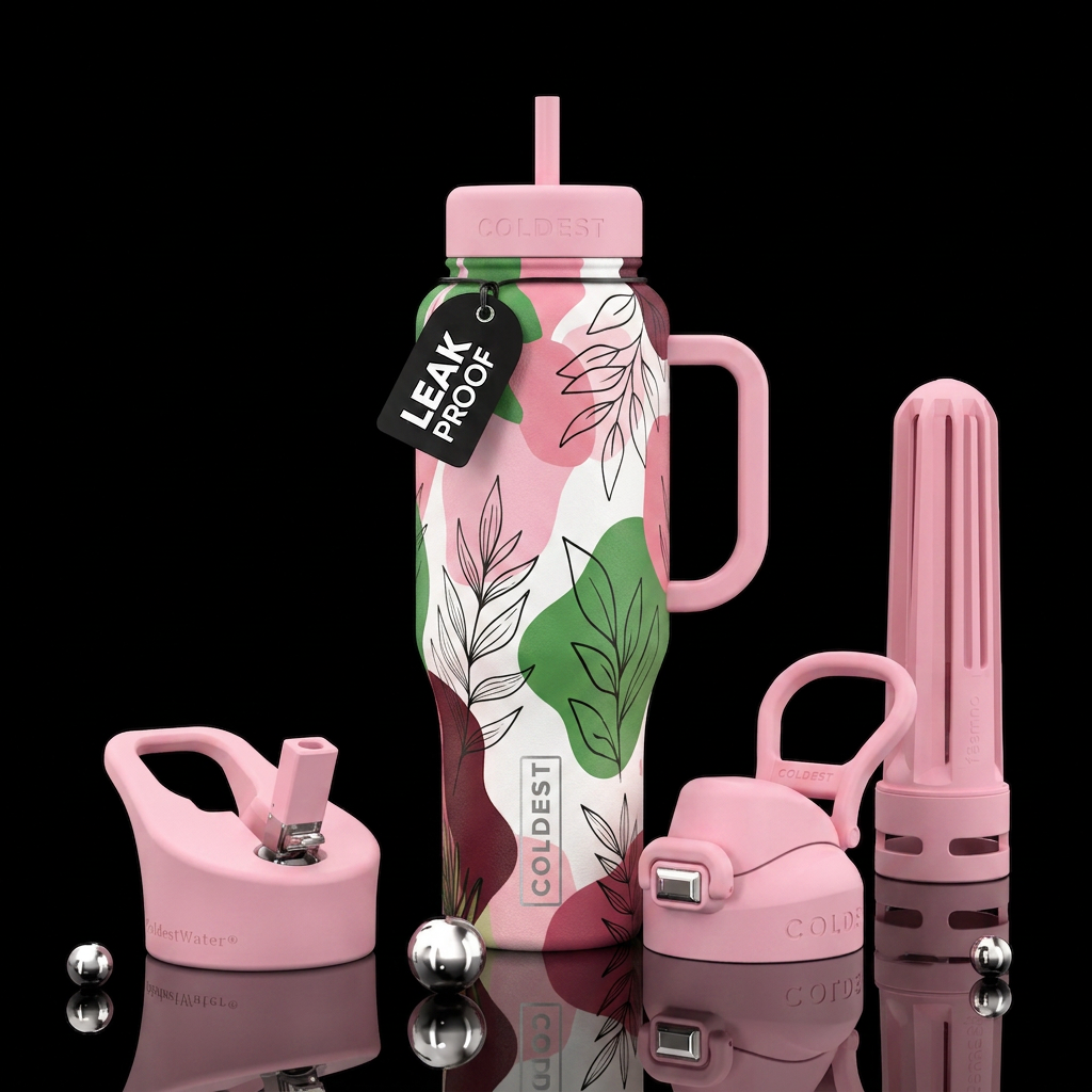 Pastel Pink, white, green, and maroon abstract sha... water bottle design