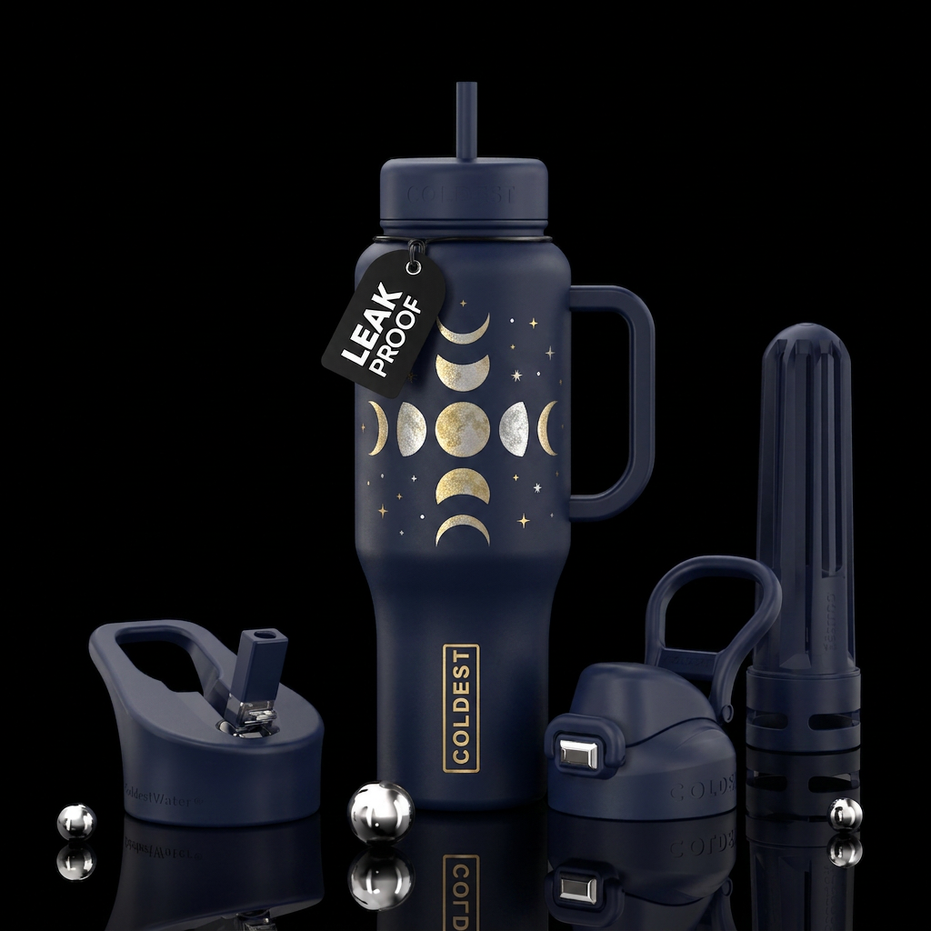 Dark blue with moon phases in the center and subtl... water bottle design