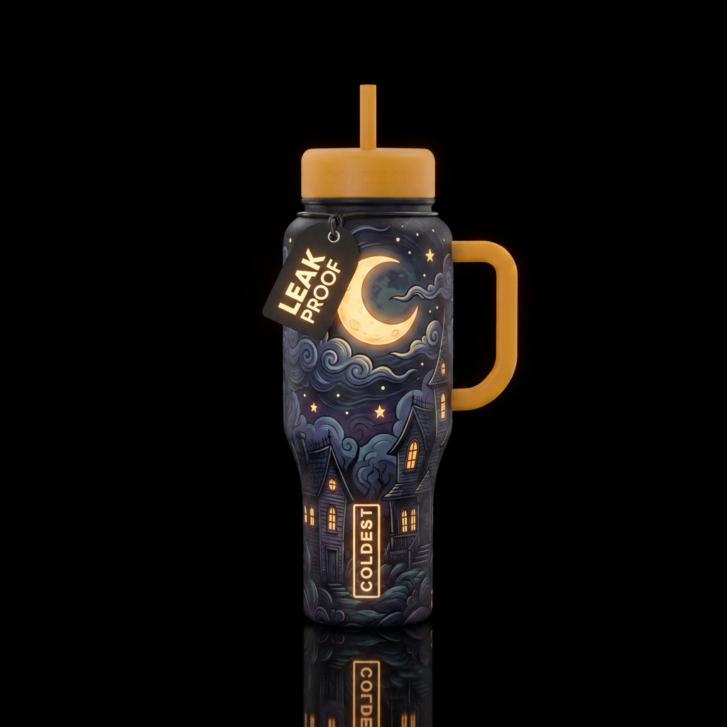 Dark theme, haunted house, moon and clouds, only t... water bottle design