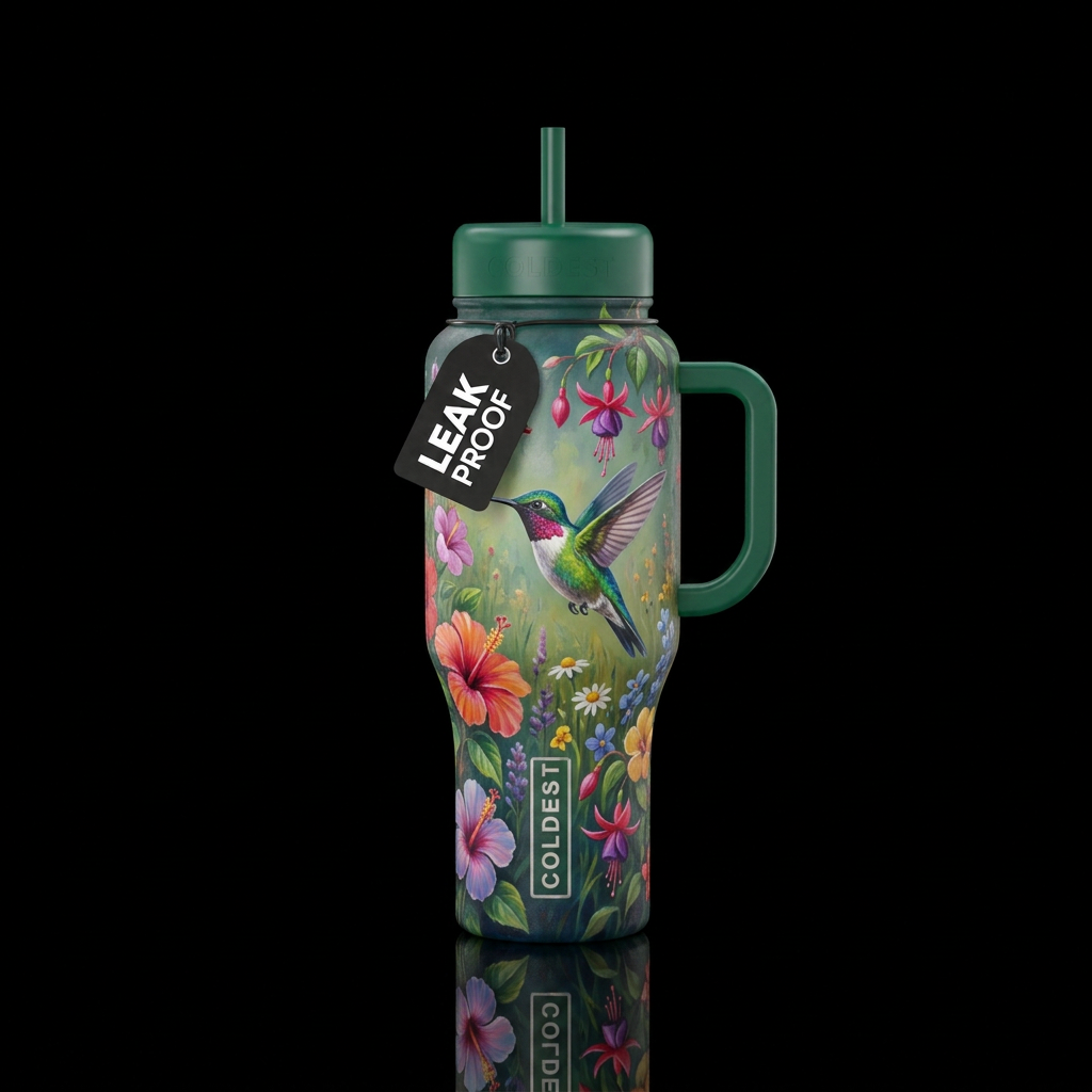Painting, elegant, hummingbird and flowers, field ... water bottle design