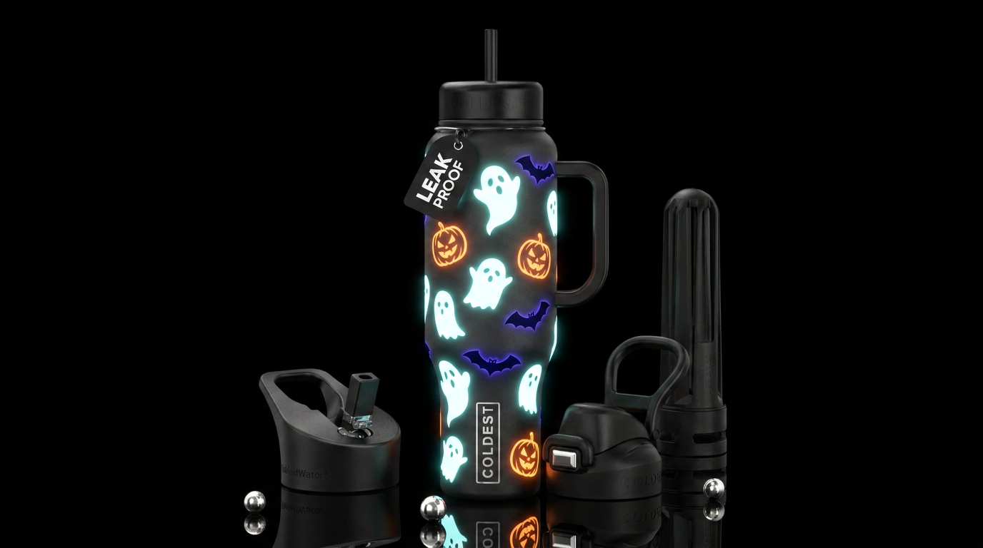 Glow in the dark ghosts pumpkins and bats, glowie,... water bottle design