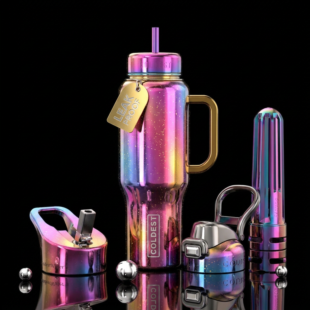 Shiny metallic tulip and Lilly colors with gold an... water bottle design
