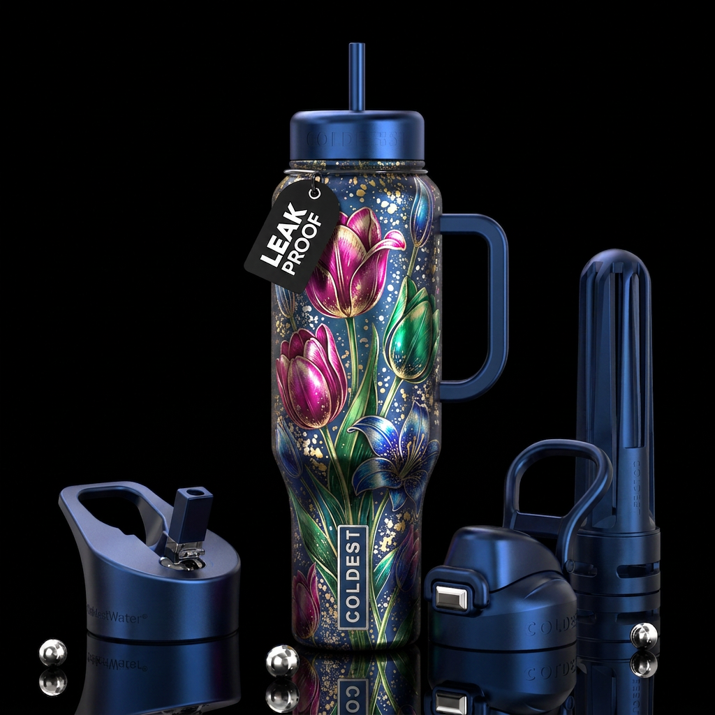 Shiny metallic tulip and Lilly colored with gold a... water bottle design