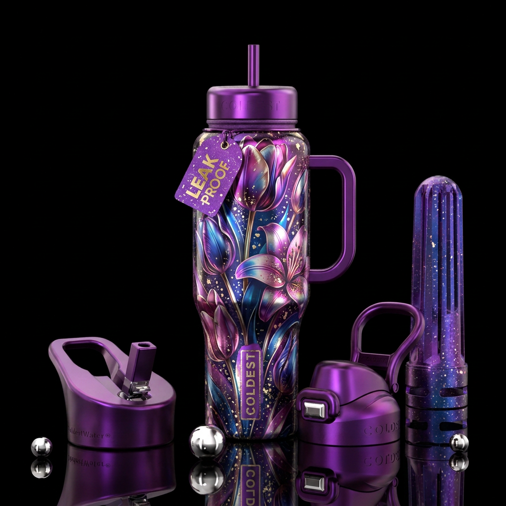 Shiny metallic tulip and Lilly colors with gold an... water bottle design
