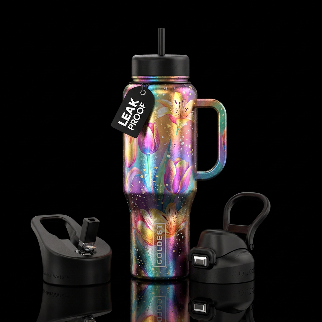 Shiny metallic tulip and Lilly colors with gold an... water bottle design