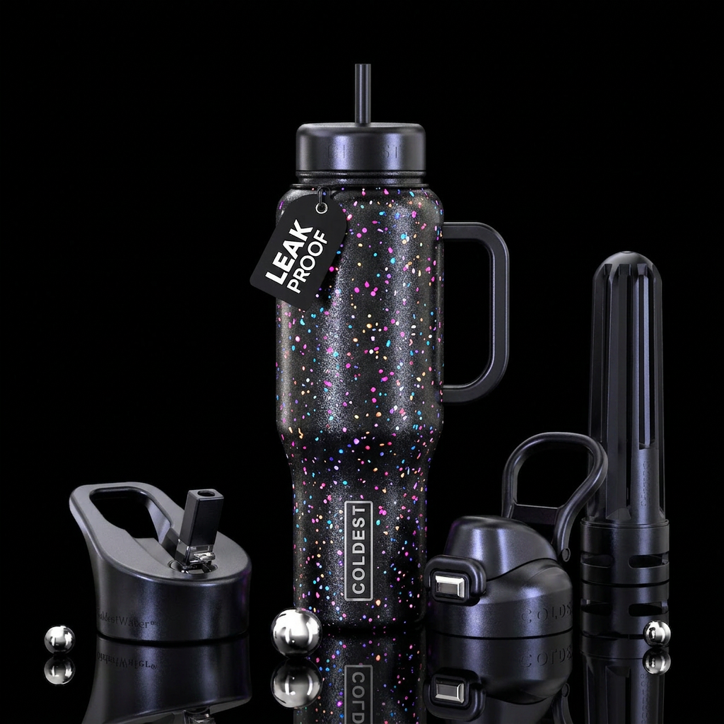 Metallic sparkle black background with colorful ne... water bottle design