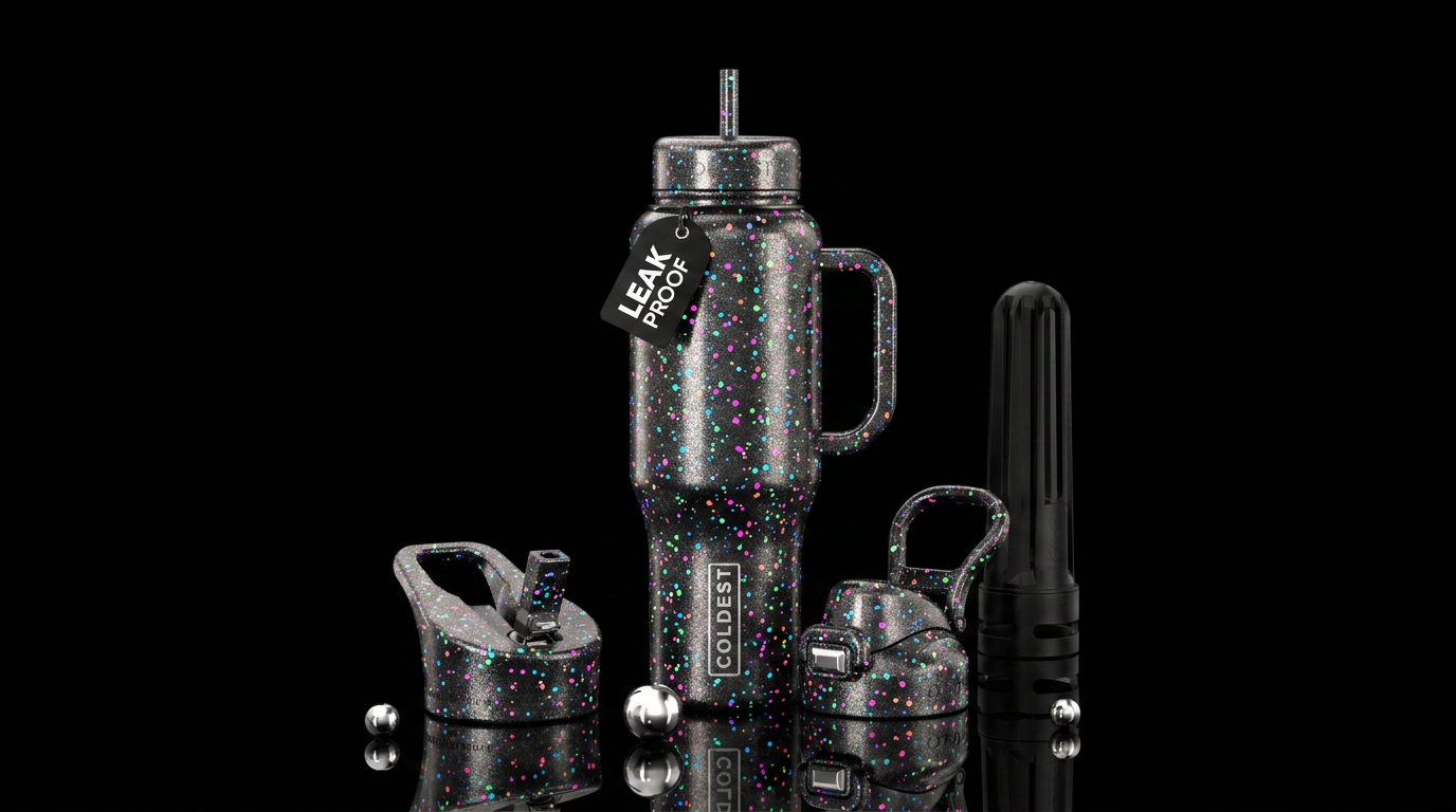 Metallic sparkle black background with colorful ne... water bottle design