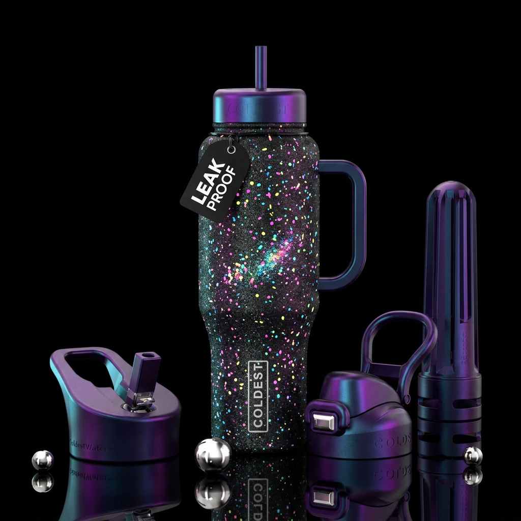 Metallic sparkle black background with colorful ne... water bottle design