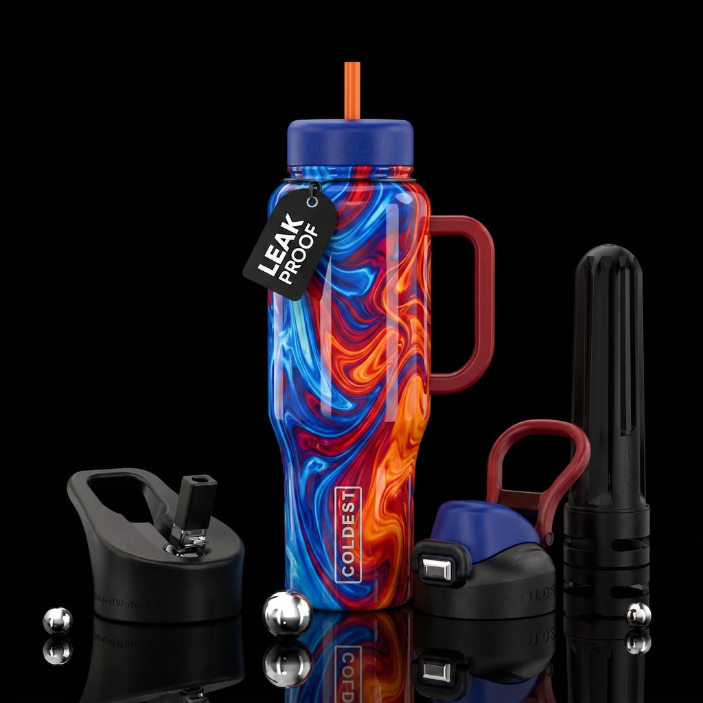 Bright blue orange and red intermingled, shiny, be... water bottle design