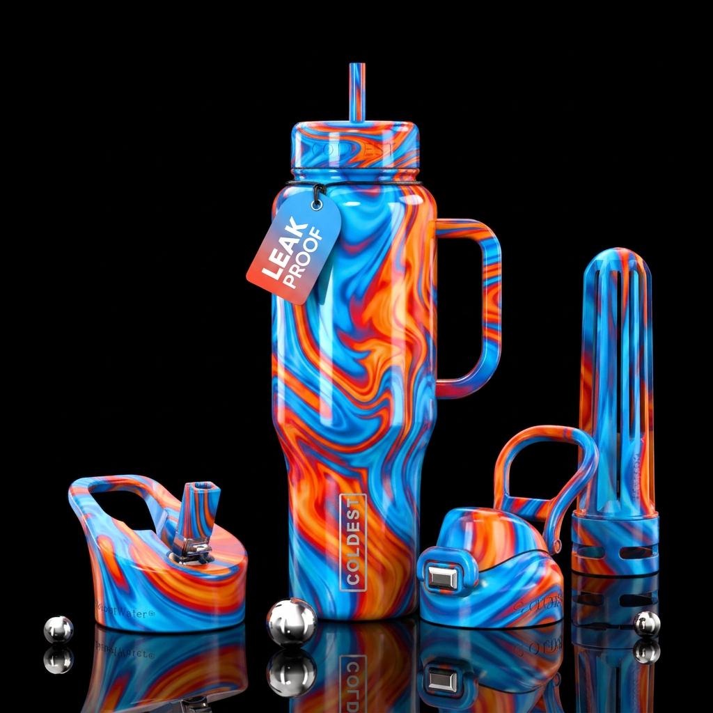 Bright blue orange and red intermingled, shiny, be... water bottle design