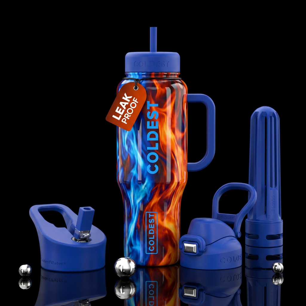 Bright blue orange and red intermingled, shiny, be... water bottle design