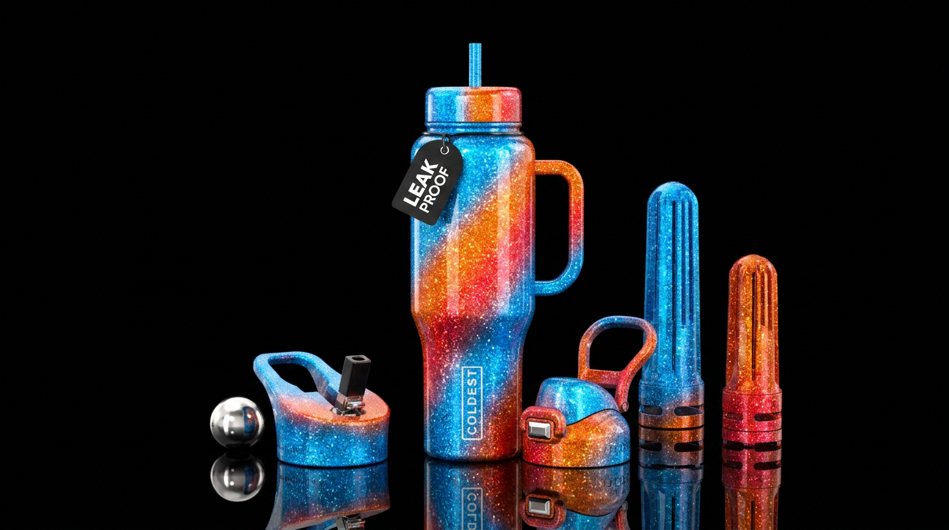 Bright blue orange and red intermingled, shiny, sp... water bottle design