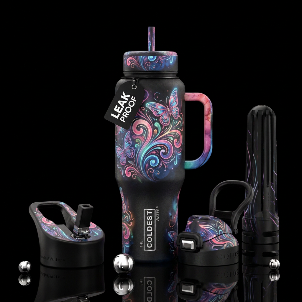glowie, swirls, spirals, butterfly, abstract, inbu... water bottle design