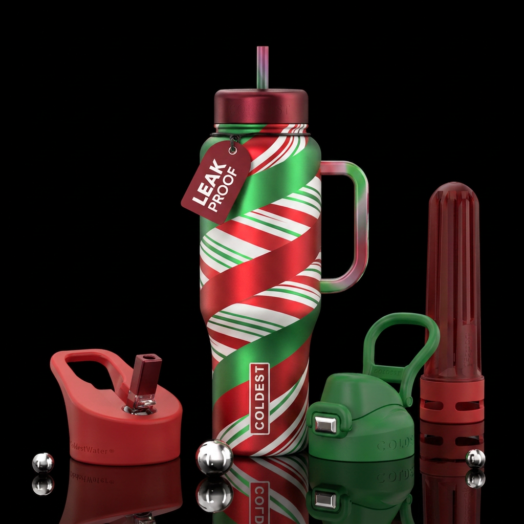 Red white and green inspired candy cane colors spi... water bottle design