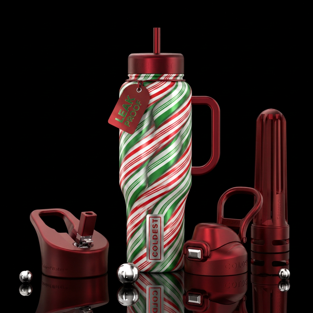 Red white and green inspired candy cane colors spi... water bottle design