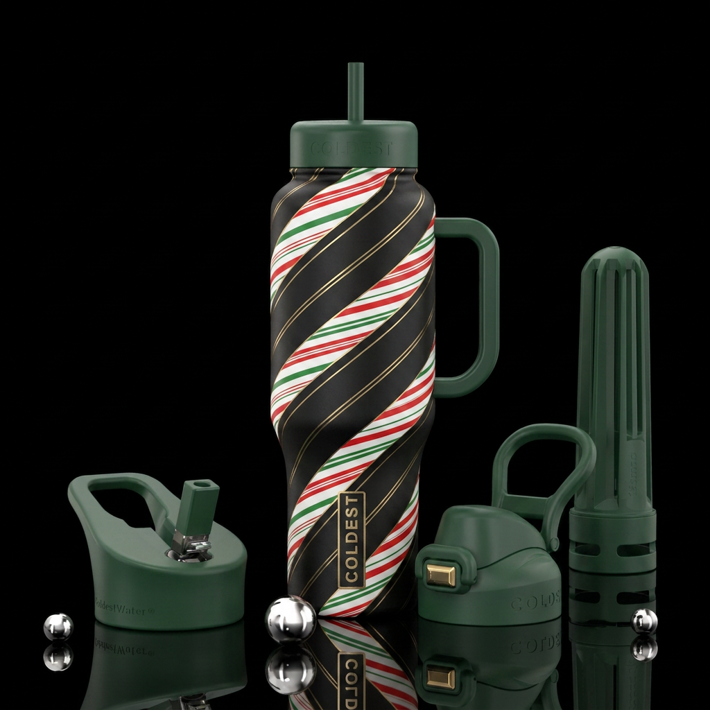 Red white and green inspired candy cane colors spi... water bottle design