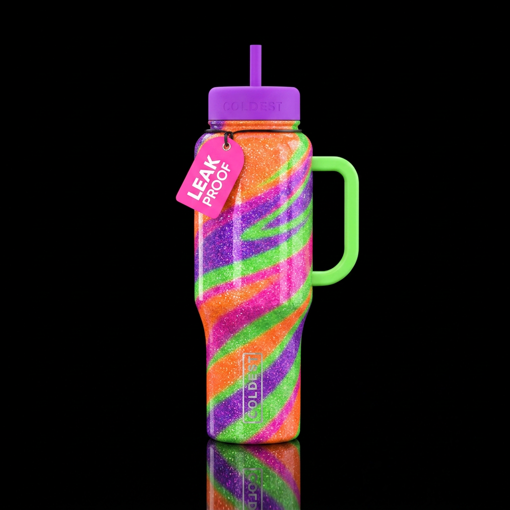 Neon orange purple green and pink spiral wrapped  ... water bottle design