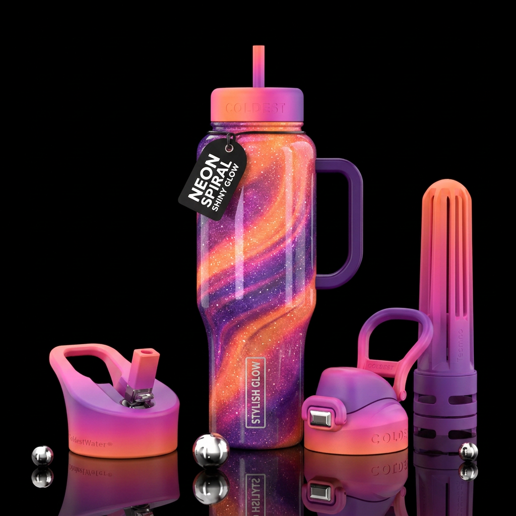 Neon orange purple and pink spiraled around bottle... water bottle design