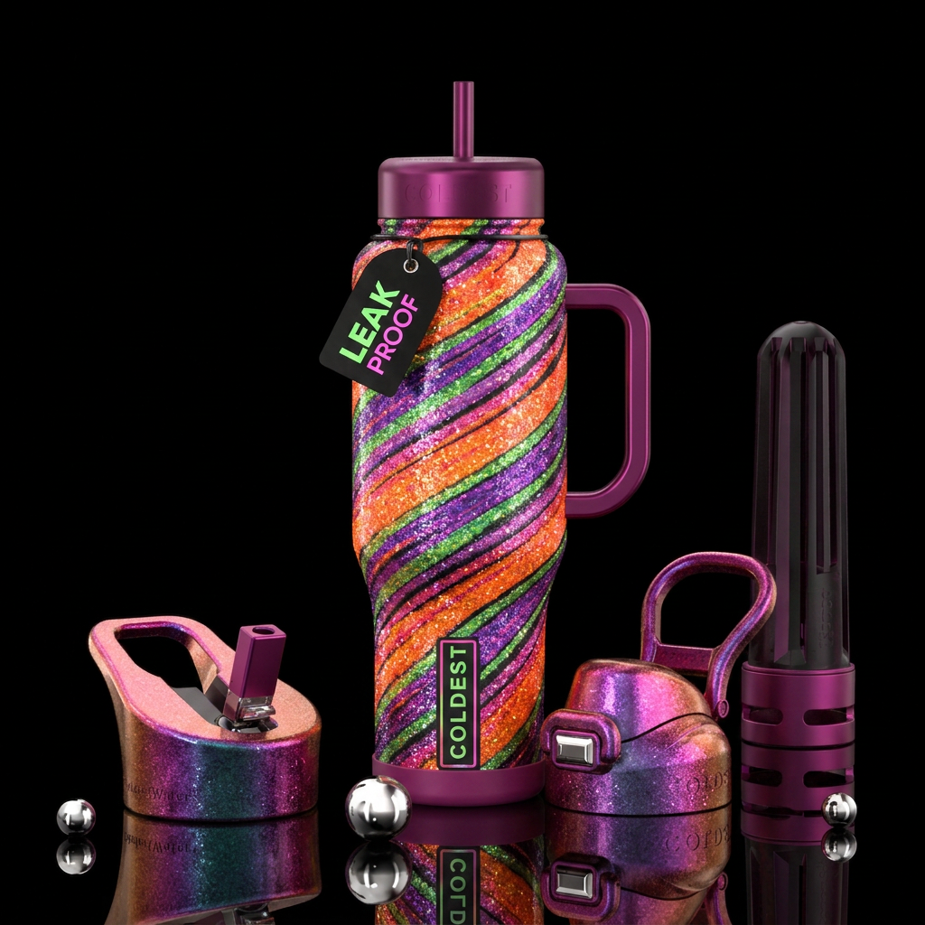 Neon orange purple green and pink spiral wrapped  ... water bottle design