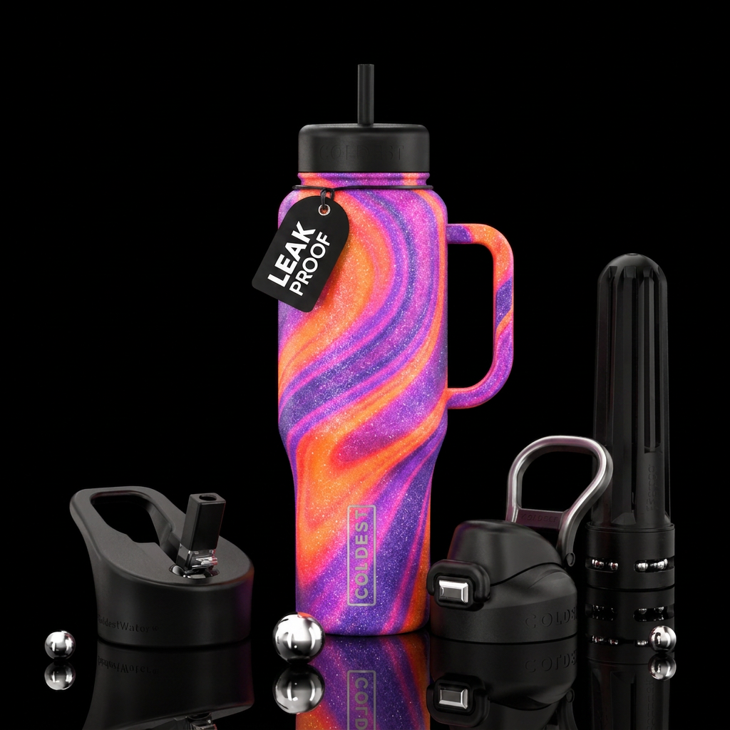 Neon orange purple and pink spiraled around bottle... water bottle design