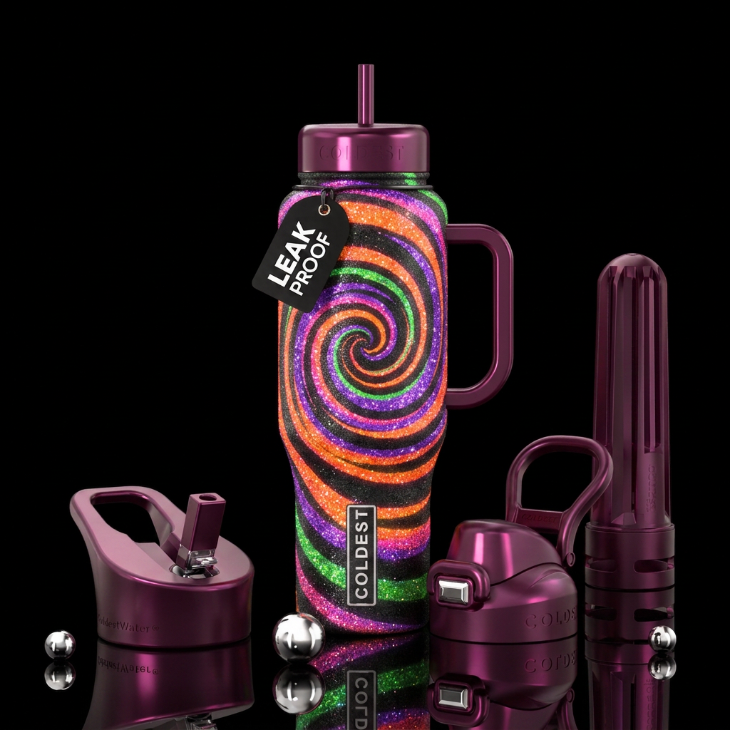 Neon orange purple green and pink spiral wrapped  ... water bottle design