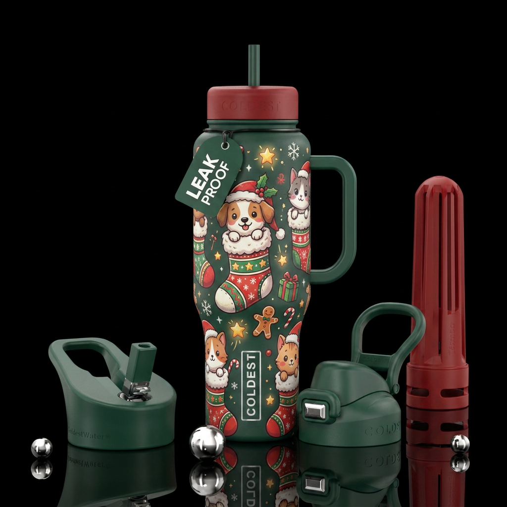 Cartoon Puppies and kittens in christmas stockings... water bottle design
