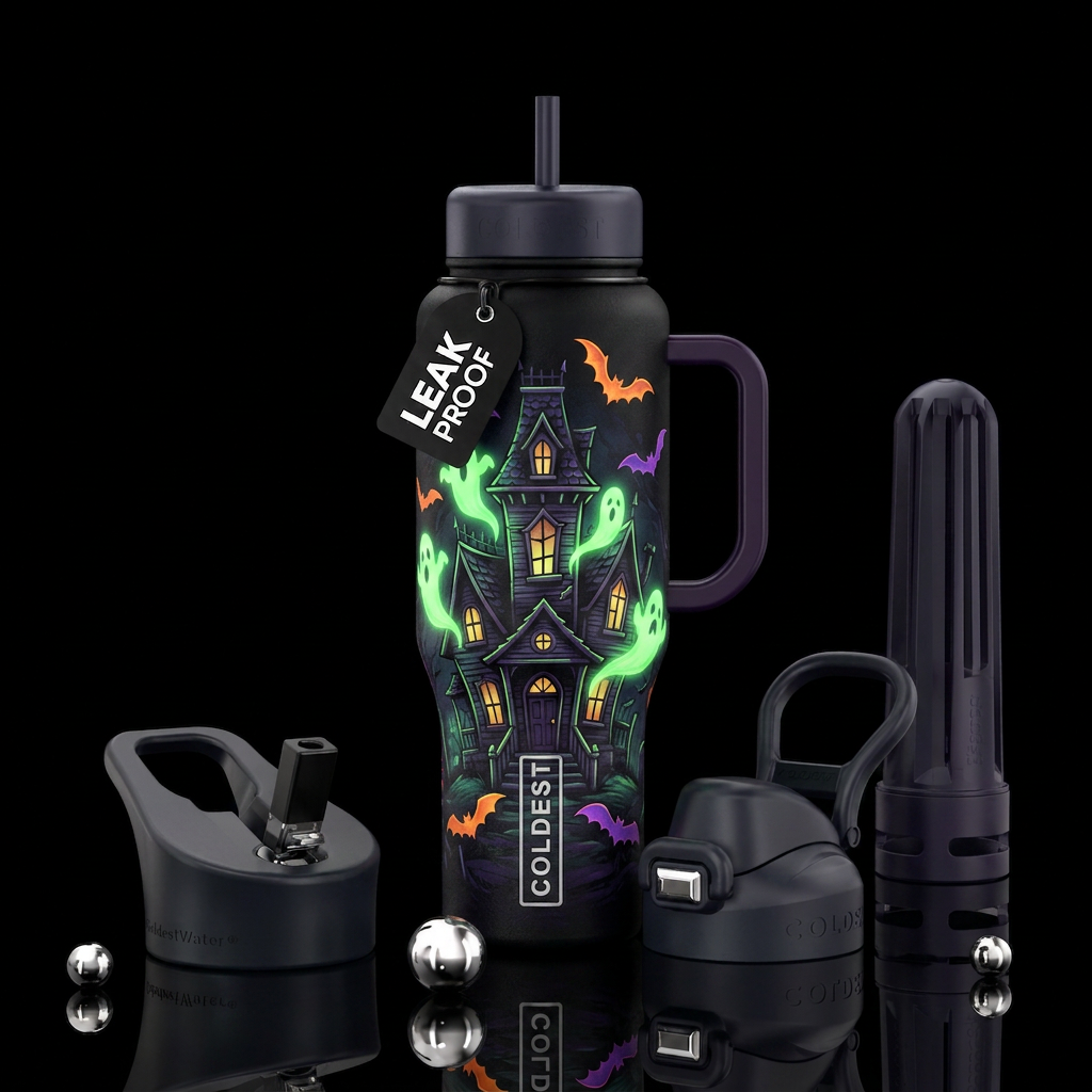 Scary haunted house with glow in the dark ghosts a... water bottle design