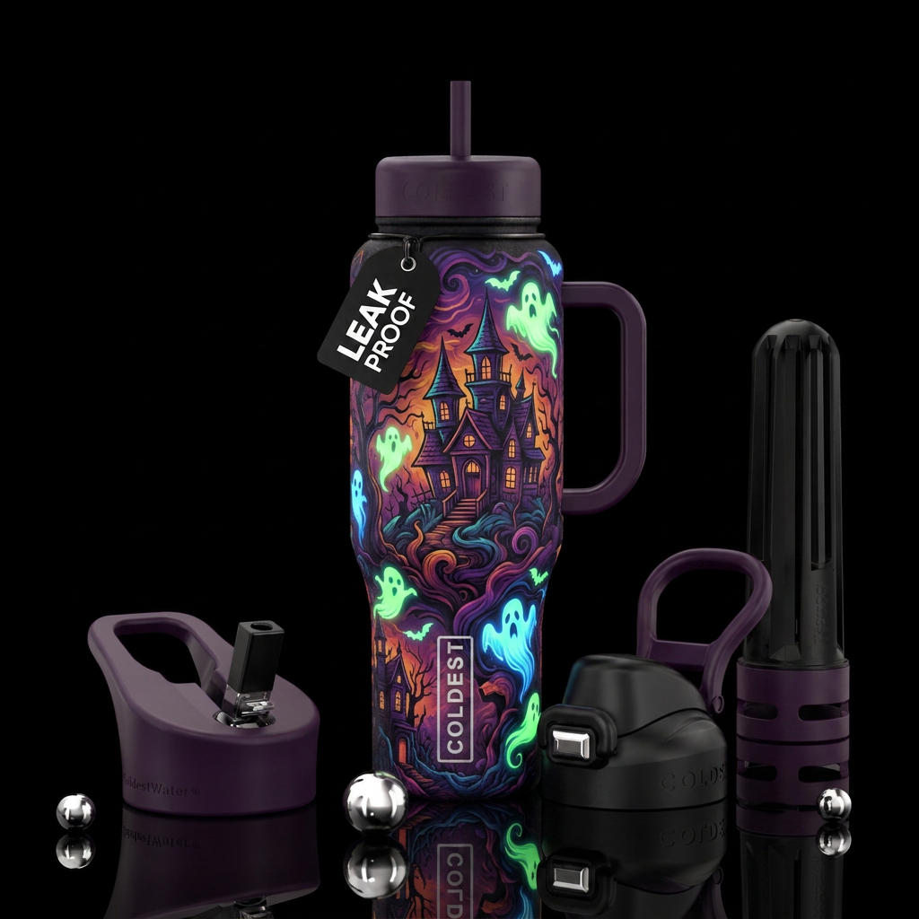 Scary haunted house with glow in the dark ghosts a... water bottle design
