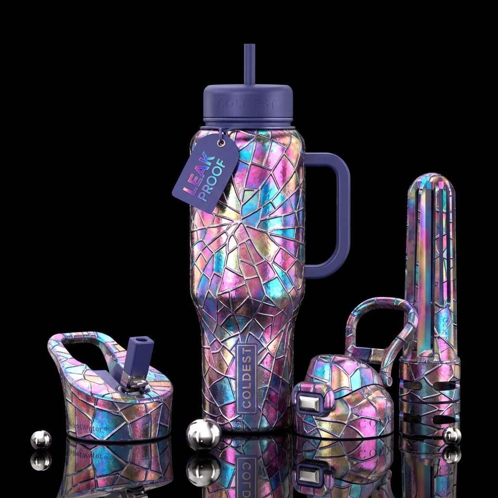 Irridescent shattered stained glass, inbued, vibra... water bottle design