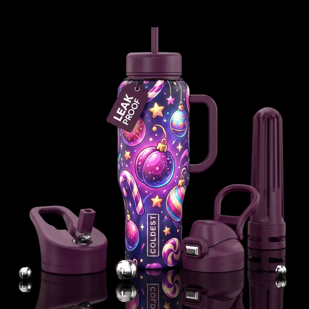 Sugar plum dreams christmas inspired, vibrant, mag... water bottle design