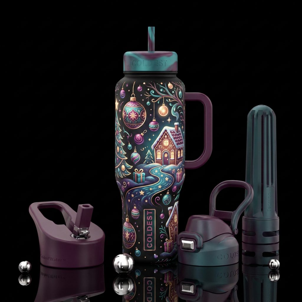Sugar plum dreams christmas inspired, vibrant, mag... water bottle design