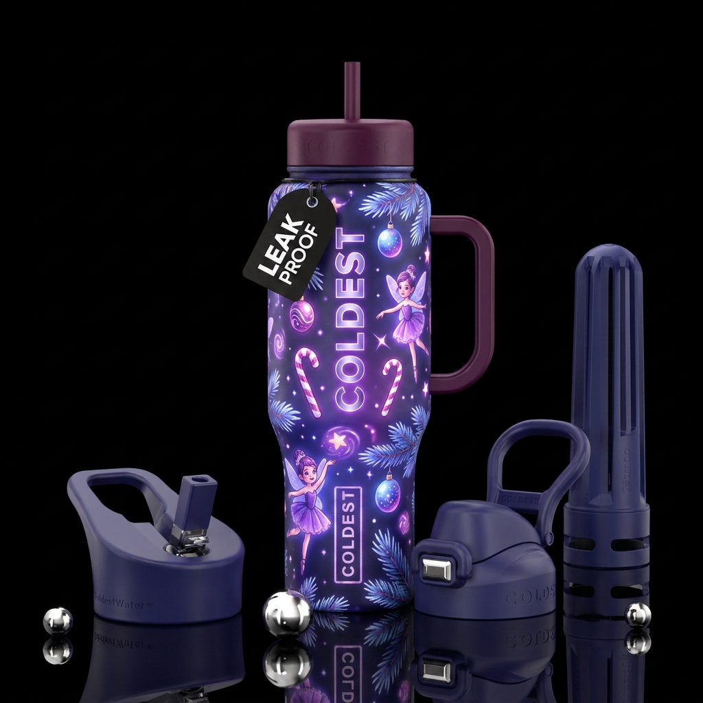 Sugar plum dreams christmas inspired, vibrant, mag... water bottle design