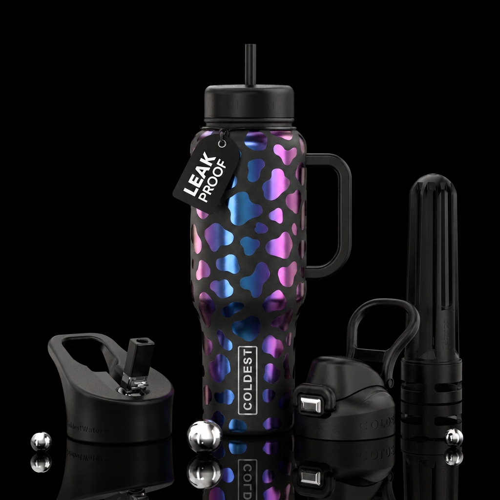 Matte black background with shiny metallic blue, p... water bottle design