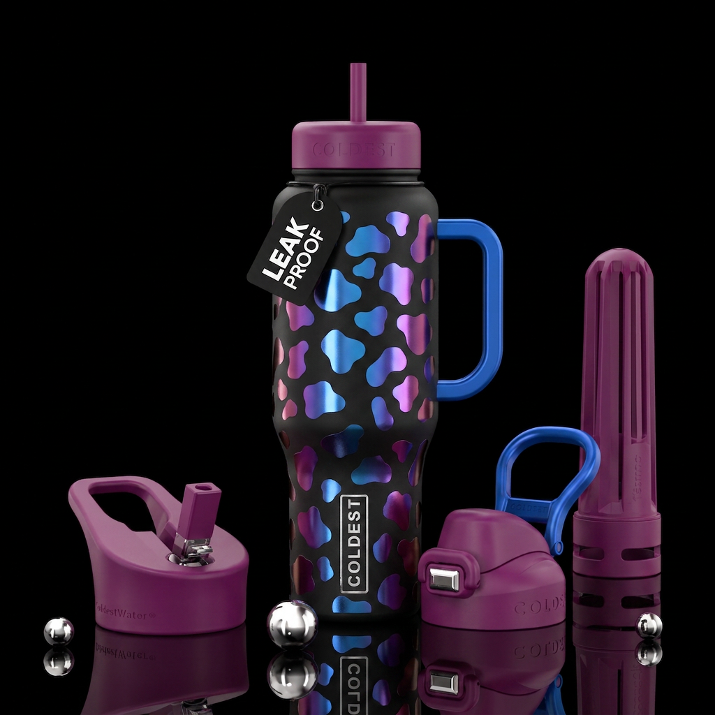Matte black background with shiny metallic blue, p... water bottle design